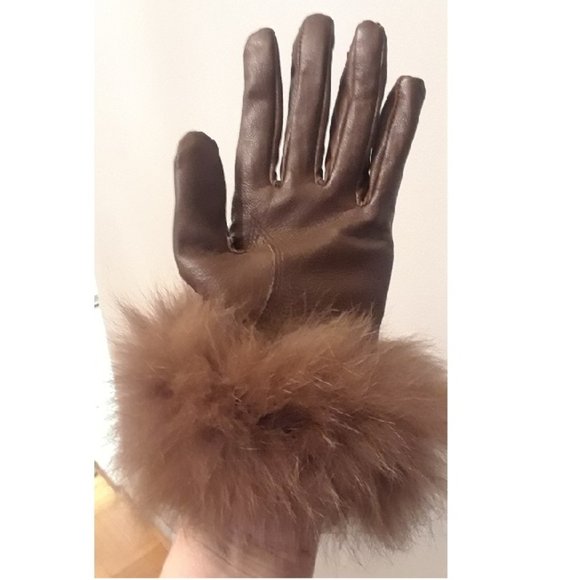 NWT High Quality Ladies Brown Leather with Fur Gloves - Picture 4 of 4